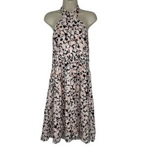 Bcbgmazazria Women’s Pink Floral Linen Blend Midi Halter Dress Size 14